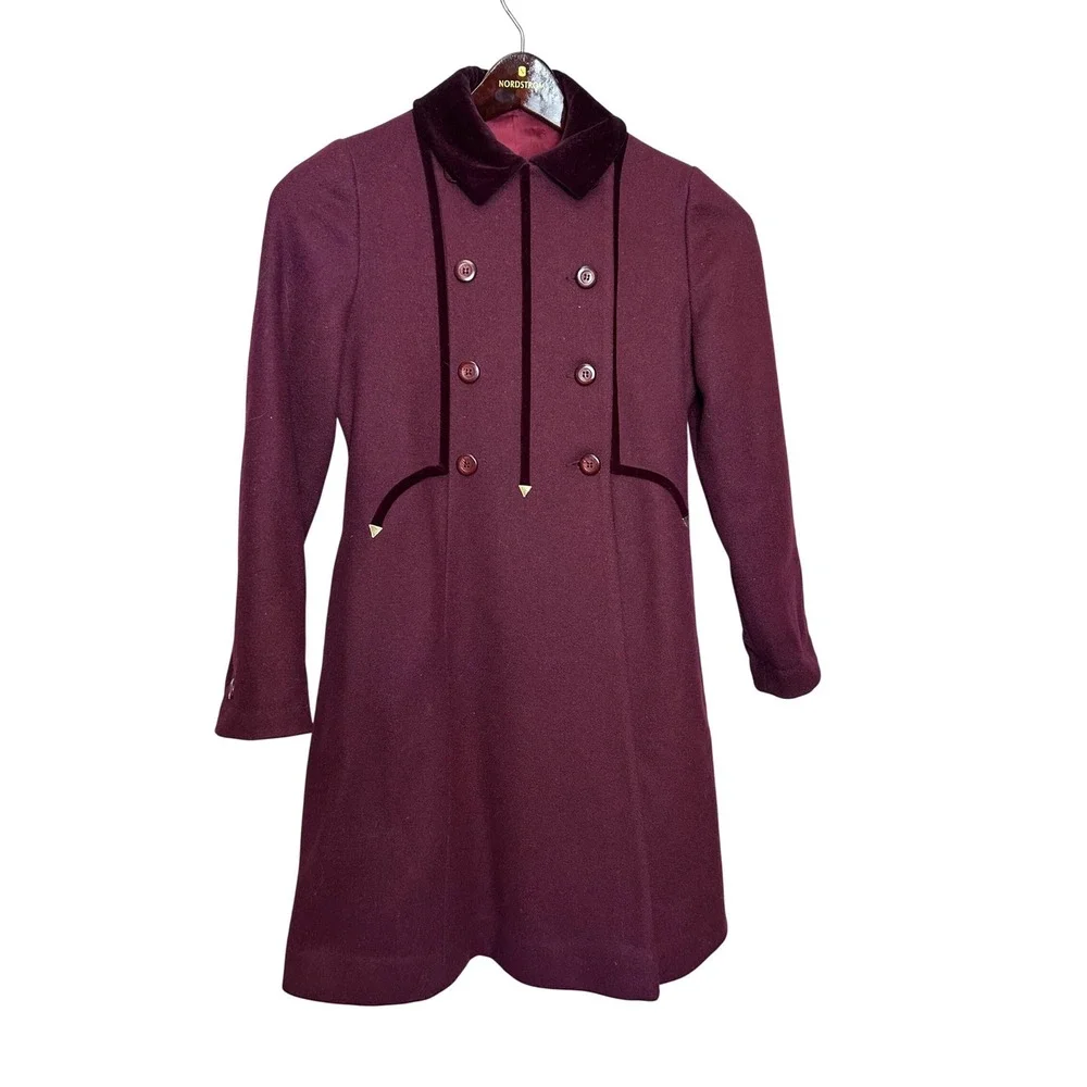 Vintage Lord & Taylor N. Fischer Burgundy Wool Velvet Trim Coat Youth Size 12